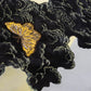 Painted fabric with yellow butterfly woodcut print sewn on artwork