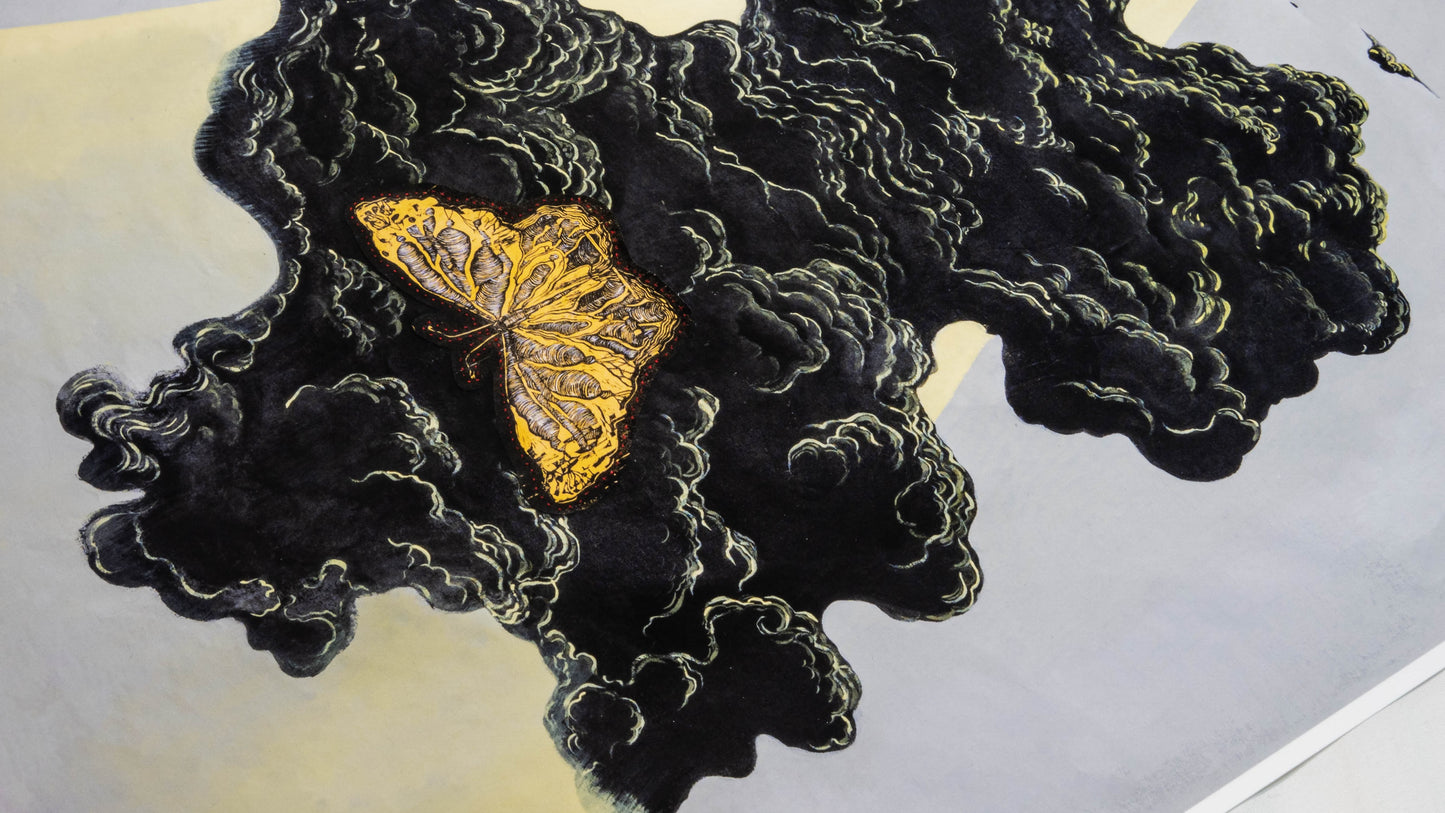 Painted fabric with yellow butterfly woodcut print sewn on artwork